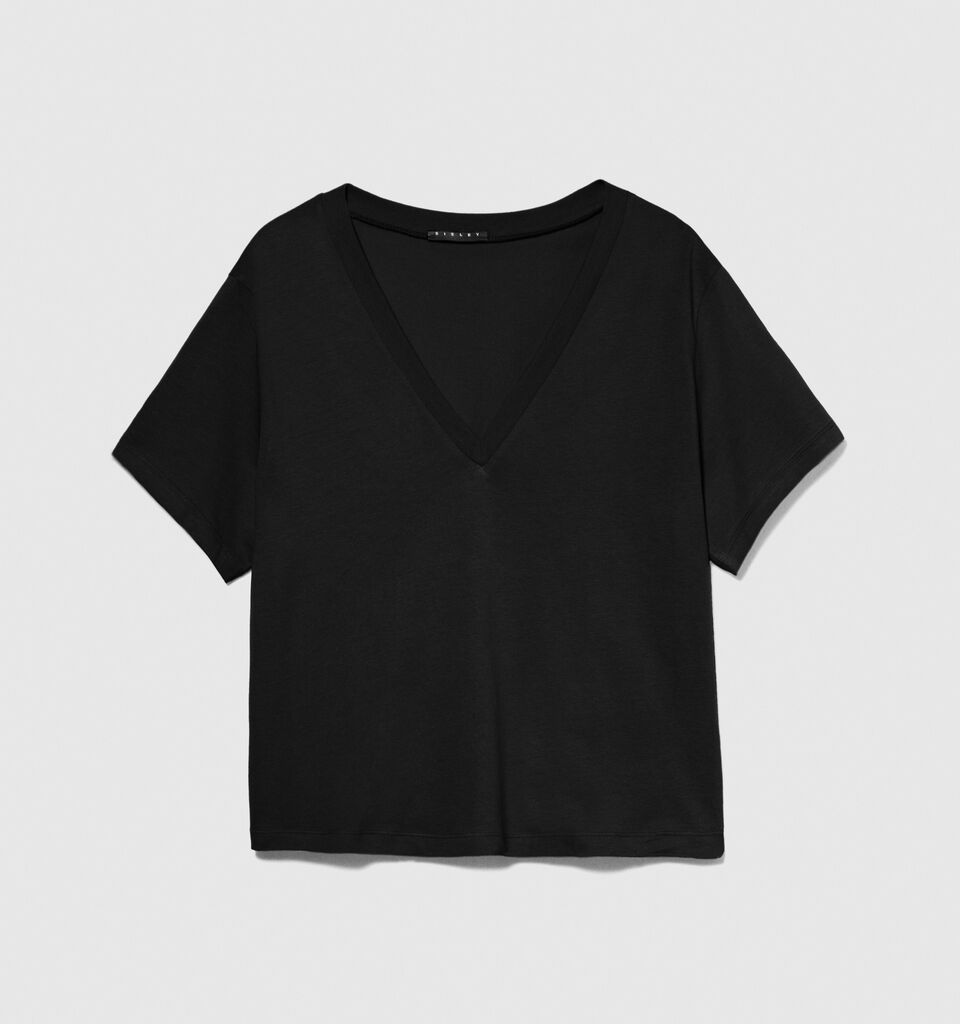 T-shirt with V-neck in 100% organic cotton - women's short sleeve t-shirts - Black | Sisley image number 6